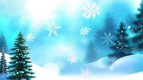 Snowflakes drifting softly across pine forest, blanketing woodland in pristine white winter scenery with serene, magical christmas atmosphere