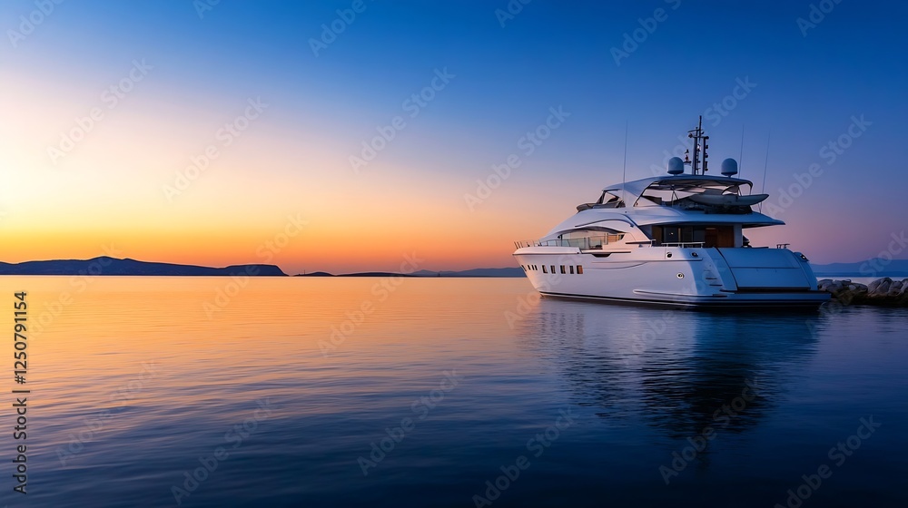 Obraz premium Luxury Yacht Docked at Sunset on Calm Waters with Vibrant Colors Reflecting on the Surface : Generative AI