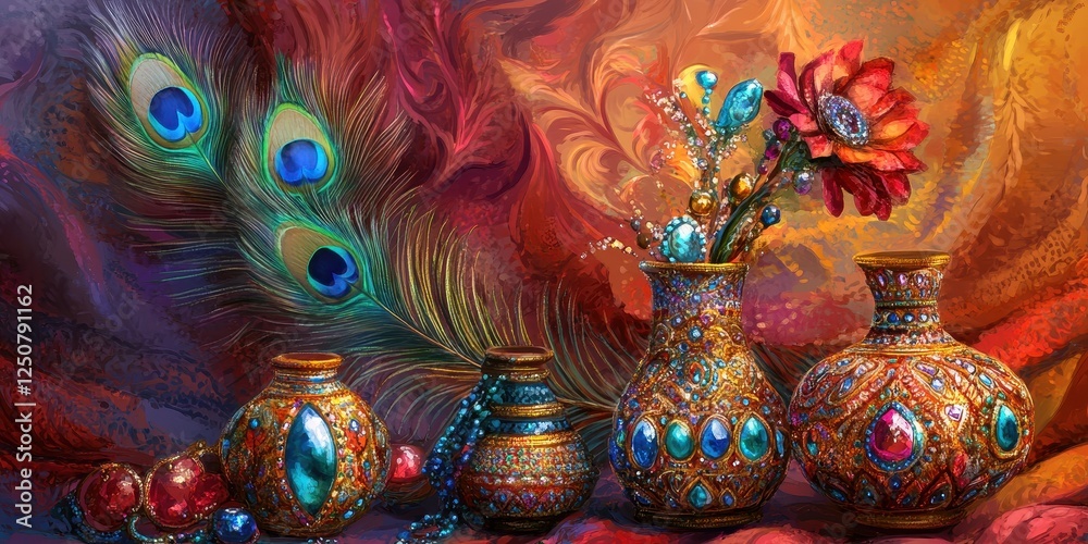 Fototapeta premium Ornate Vases Peacock Feather Flower Still Life Painting