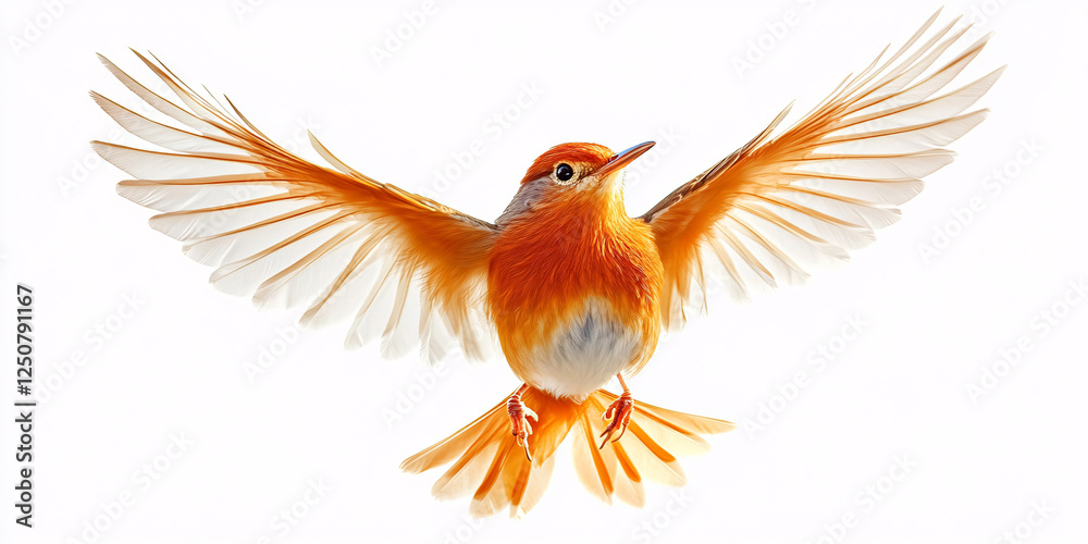 An orange bird with wings spread wide, soaring through the air against a plain white background. An orange bird with wings spread wide, soaring through the air against a plain white background.