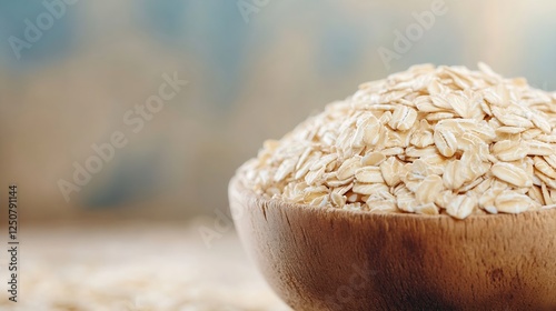 CloseUp Image of Rolled Oats in a Wooden Bowl on a Light Background Emphasizing Natural Ingredients : Generative AI photo