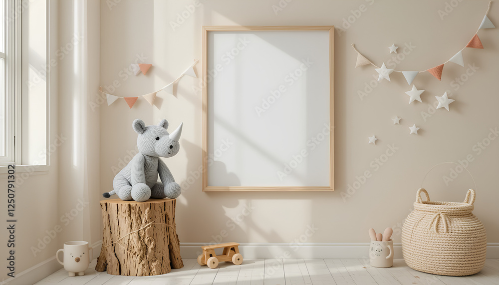 Scandinavian kid's room interior with mock up frame, wooden car, plush rhino, and pastel garland – minimalist and cozy nursery design Scandinavian kid's room interior with mock up frame, wooden car, plush rhino, and pastel garland – minimalist and cozy nursery design