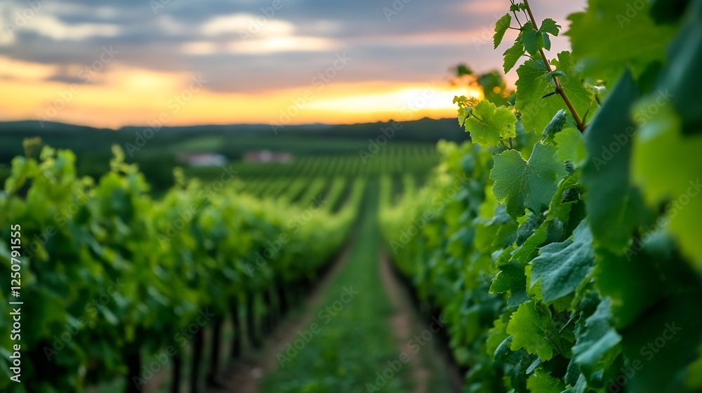 Fototapeta premium Vast vineyard landscape at sunset with lush green vines stretching toward a colorful sky : Generative AI