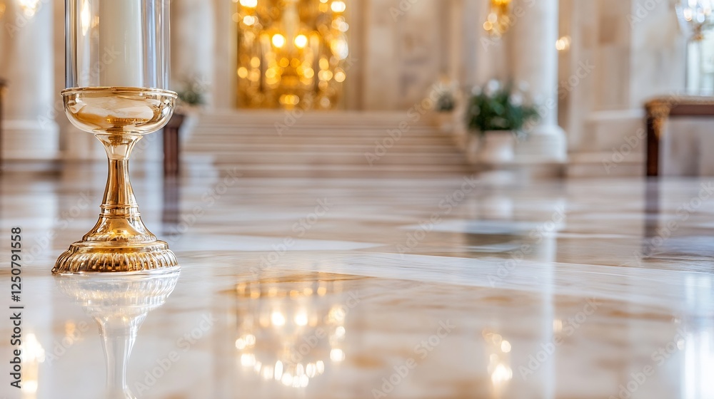 Elegant view of a golden candle holder reflecting light in a beautifully designed architectural space : Generative AI Elegant view of a golden candle holder reflecting light in a beautifully designed architectural space : Generative AI