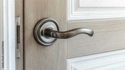 Close-up of elegant door handle on light wood door.