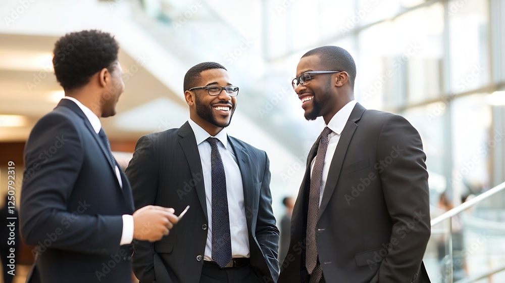 Three Smiling Businessmen Engaging in Conversation in Corporate Setting : Generative AI Three Smiling Businessmen Engaging in Conversation in Corporate Setting : Generative AI