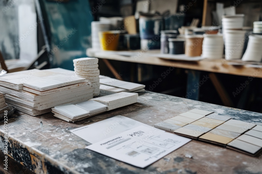 Creative exploration with tiles and paint samples in an artistic workspace. Generative AI Creative exploration with tiles and paint samples in an artistic workspace. Generative AI