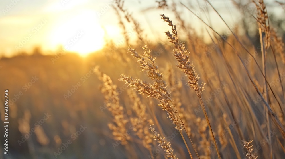 Fototapeta premium Golden Hour Sunlight Illuminating Tall Grass in a Peaceful Meadow Landscape : Generative AI