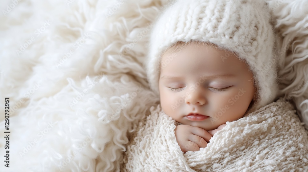 Adorable sleeping newborn wrapped in cozy blanket with wool hat in soft light creating a peaceful scene : Generative AI Adorable sleeping newborn wrapped in cozy blanket with wool hat in soft light creating a peaceful scene : Generative AI