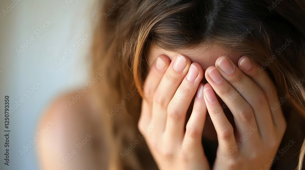 Emotional closeup portrait of a woman covering her face with her hands in despair : Generative AI Emotional closeup portrait of a woman covering her face with her hands in despair : Generative AI