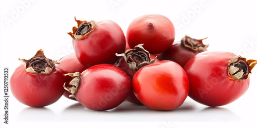 Close-up of a pile of vibrant red rosehips against a white background.