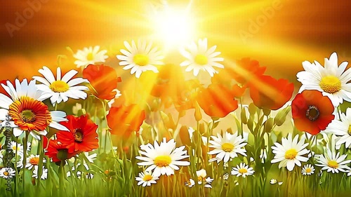 Delicate wildflowers dancing in sunlit meadow, soft sunrays illuminating vibrant daisies, poppies swaying among lush green grass, creating peaceful natural landscape