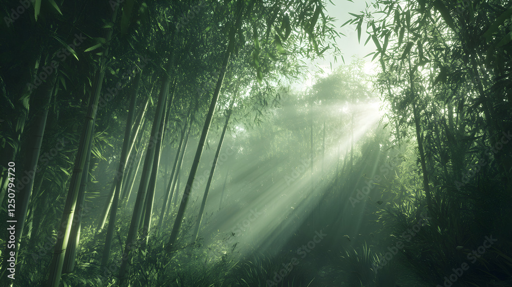 Obraz premium bamboo forest with soft sunlight filtering through the tall green stalks and mist in the background 