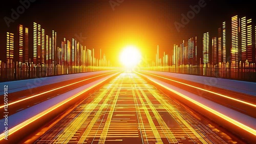 Digital rails, illuminated in vibrant orange and yellow hues, stretch towards a radiant light source, set against a backdrop of a futuristic cityscape at night