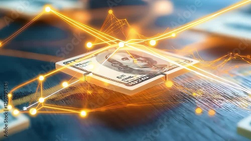 Luminous network data visualizing financial growth expanding over crisp hundred dollar bill, representing wealth generation on rustic wooden surface with monetary elements surrounding