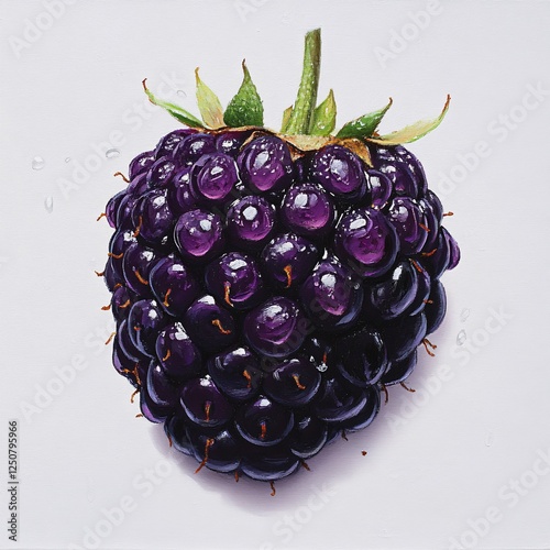 Close up Studio Shot of a Single Ripe Juicy Blackberry Detailed Painting of Dark Purple Berry Fruit photo