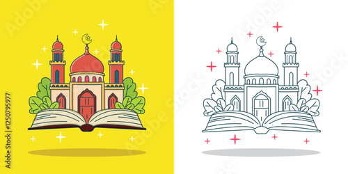 a mosque on a book illustration for design element