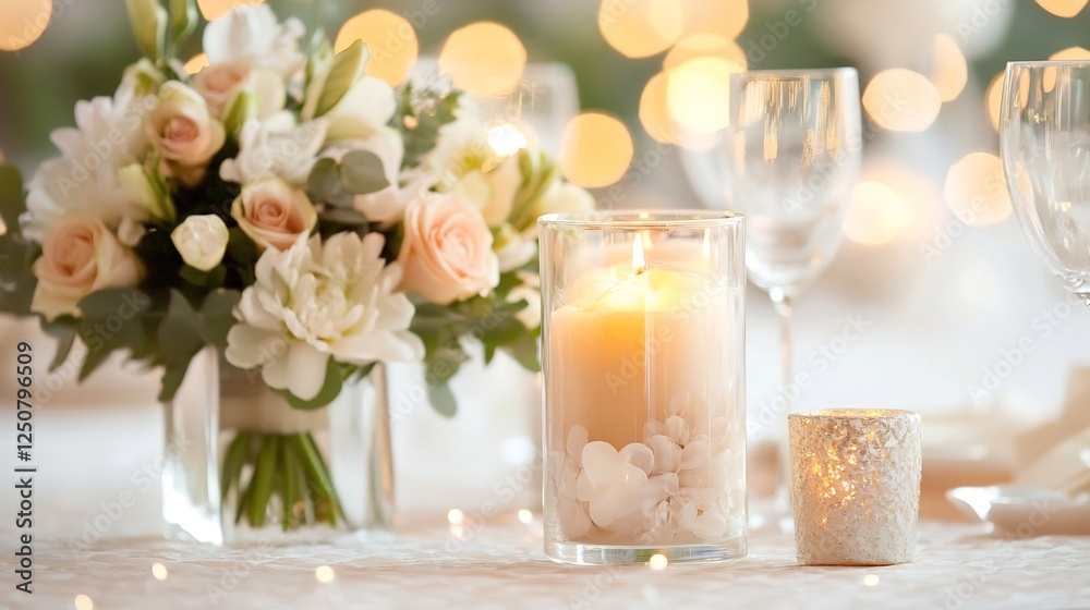 Fototapeta premium Beautiful Table Setup with Floral Arrangements and Candle Lights for Special Occasion : Generative AI