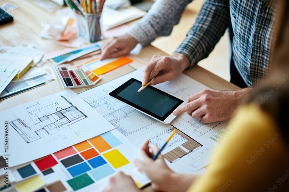 Couple collaborates on home renovation budget and design plans over a table. Generative AI Couple collaborates on home renovation budget and design plans over a table. Generative AI