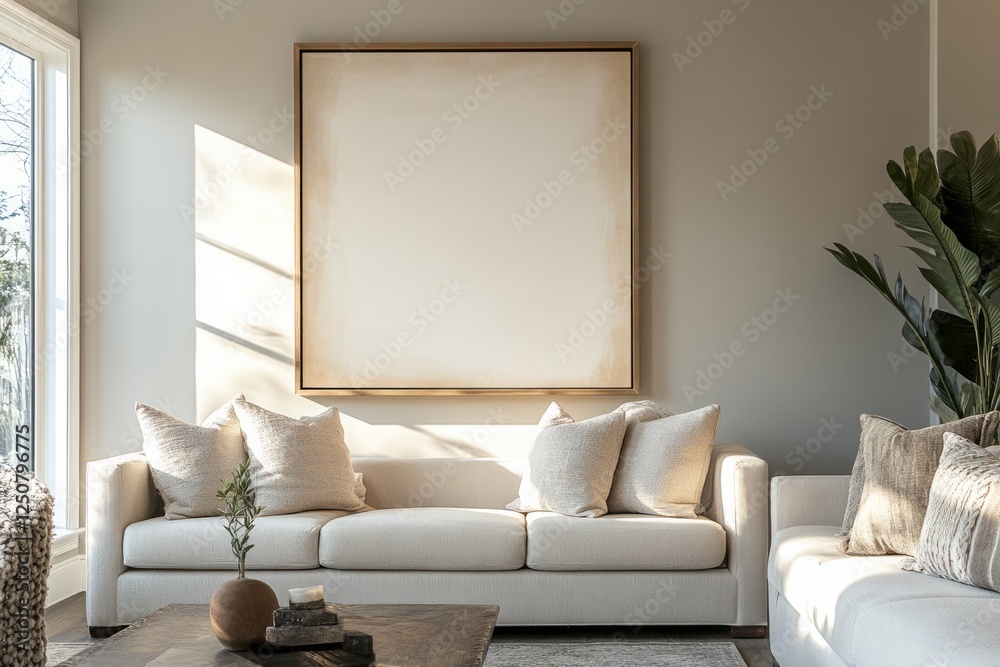 Fototapeta premium Soft sofa, basket with plaid and cushion, frames on wall 