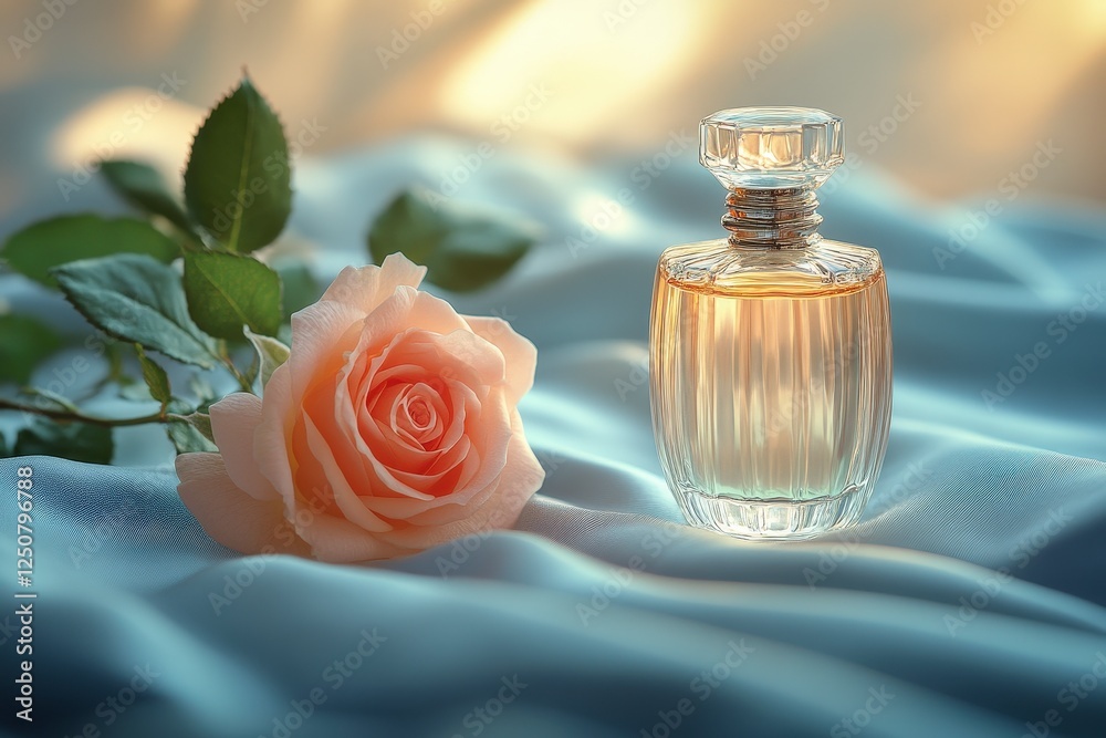 Elegant Perfume Bottle Next to a Soft Pink Rose on Silk Background Elegant Perfume Bottle Next to a Soft Pink Rose on Silk Background