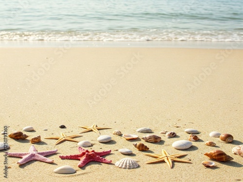 Summer Beach Background with Shells and Waves photo