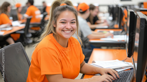 Young Woman Smiling at Computer in Classroom Setting with Orange Theme and Engaged Students in Background