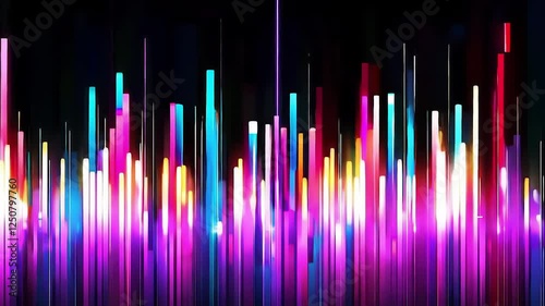 Vibrant vertical color bars pulsating rhythmically, generating dynamic energy against deep black background, creating mesmerizing visual motion graphic with neon like luminescence