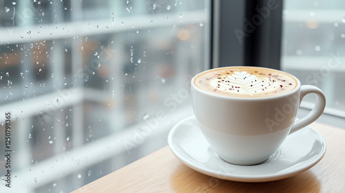 Cozy coffee cup with latte art on table near window during rainy day with view of urban environment