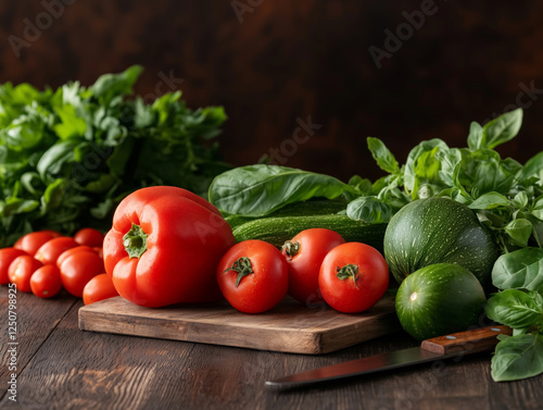 Fresh Seasonal Vegetables on Wooden Cutting Board with Knife and Rustic Background