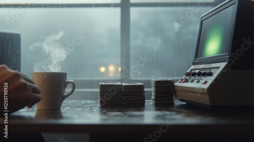 Retro gamer desk setup with Commodore 64 and cozy coffee ambience during rainy day