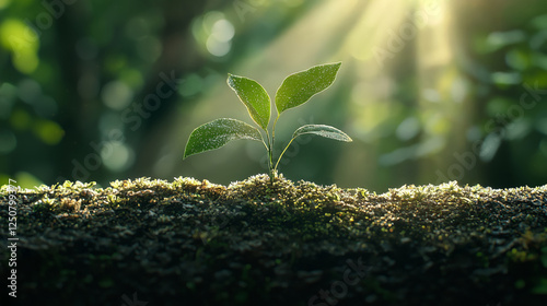 Small Green Plant Growing on Mossy Log with Sun Rays Illuminating Forest Background