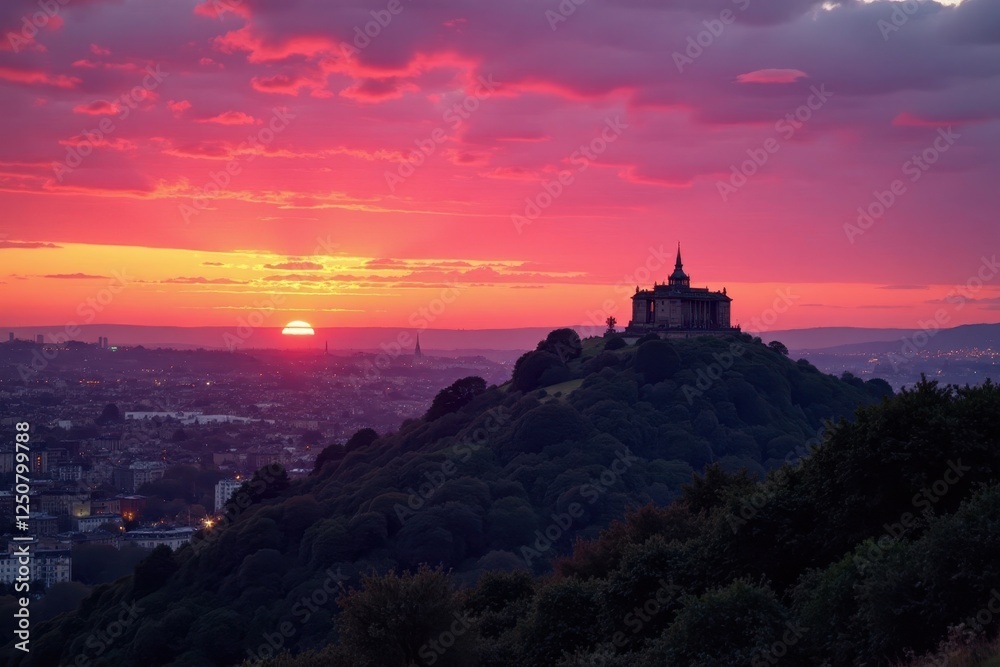 Edinburgh sunset, Calton Hill view, pink sky, skyline landmarks, color, uk, buildings Edinburgh sunset, Calton Hill view, pink sky, skyline landmarks, color, uk, buildings