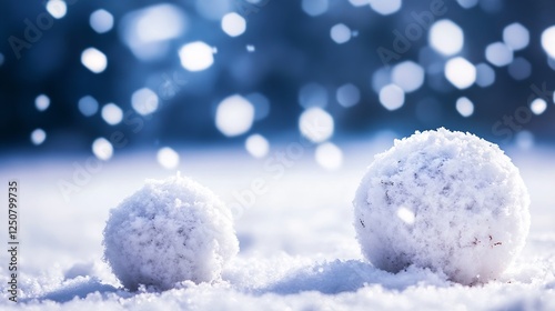 Close up of snowballs on a snowy ground with blurred snowy backdrop creating a winter wonderland effect : Generative AI photo