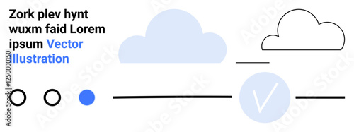 Light blue cloud alongside outlined cloud, three circles, horizontal lines, and a checkmark in a circle. Ideal for web, technology, simplicity, design, user interface digital art modern aesthetics