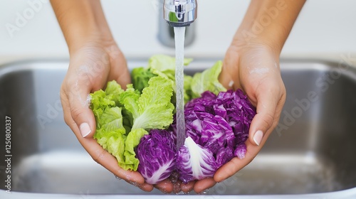 A close-up of hands washing fresh green and purple lettuce under running water, emphasizing the importance of cleanliness in preparing healthy meals. photo