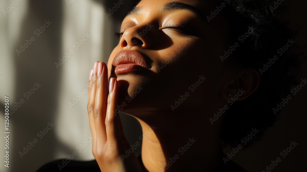 Woman feeling serene in soft natural light Woman feeling serene in soft natural light