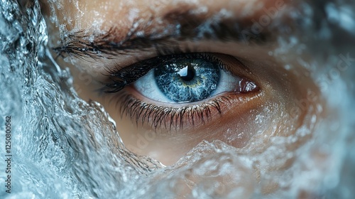 Frozen Eye Close-up Woman's blue eye partially hidden by ice, used for beauty or winter themes photo