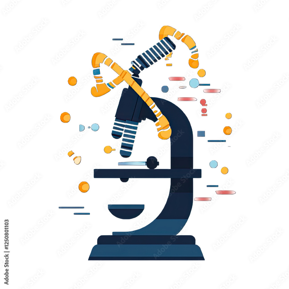 An icon of DNA strands under a microscope with a white background, representing scientific research and discovery. An icon of DNA strands under a microscope with a white background, representing scientific research and discovery.