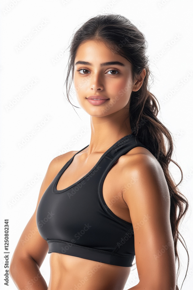 close up of Indian sporty woman standing on white background close up of Indian sporty woman standing on white background