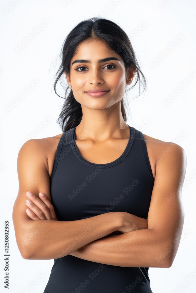 close up of Indian sporty woman standing on white background
