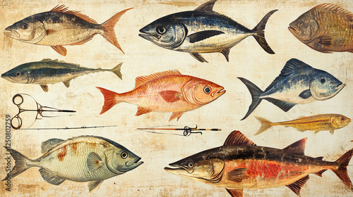 Fishing retro banners, vector horse mackerel, gilt head bream, anchovy and tuna fish. Fisherman equipment store. Ocean boat fishing, rods or spinning with hooks and floaters shop vintage cards set photo