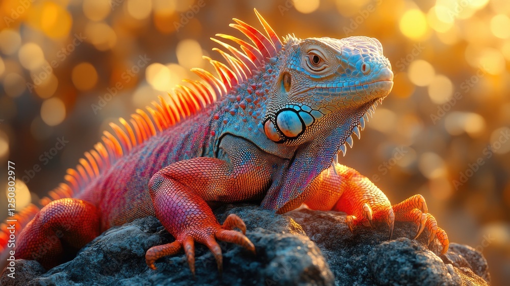 Fototapeta premium A colorful iguana basking on a rock in the bright sunlight