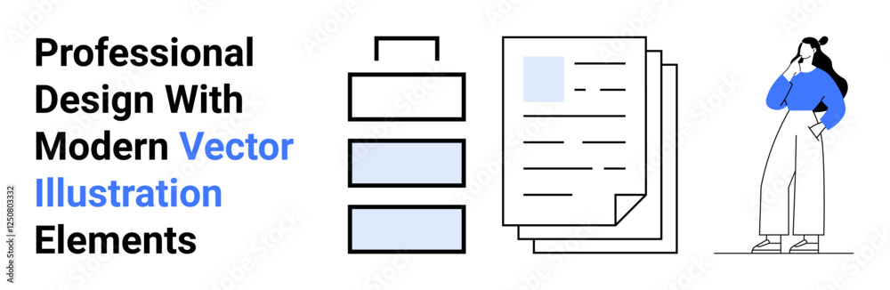 Stack diagram, document sheets, and person thinking. Ideal for workflow, analytics, planning, organization, collaboration education strategy. Great for flat landing page banner