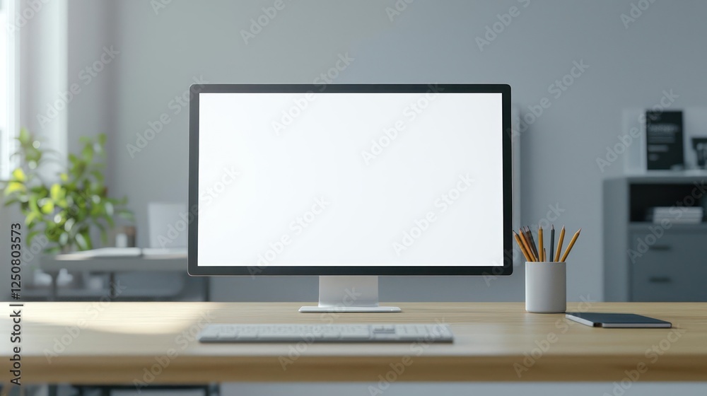 Modern Empty Computer Screen On Wooden Office Desk Modern Empty Computer Screen On Wooden Office Desk