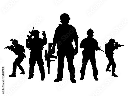 Set of Soldier and Army Force Silhouette in various poses isolated on white background