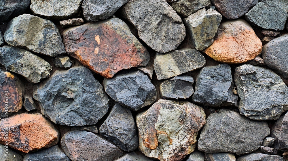 Fototapeta premium Natural stone wall featuring various textured rocks in earthy tones and colors arranged in an organic pattern