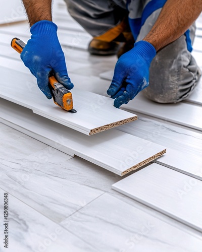 Construction worker prepares planks for installation on a marble-like floor.
