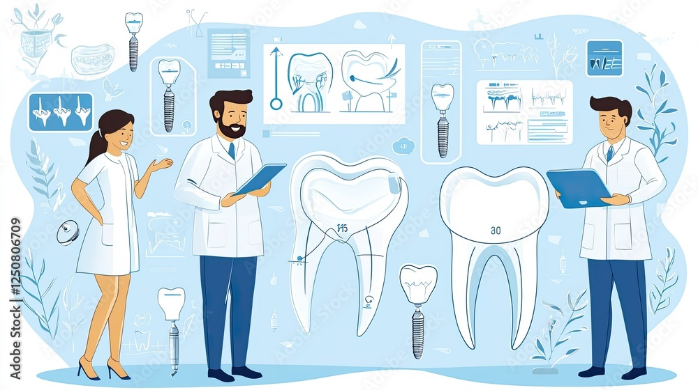 Illustration of Dental Professionals Engaging in Tooth Care Education Illustration of Dental Professionals Engaging in Tooth Care Education