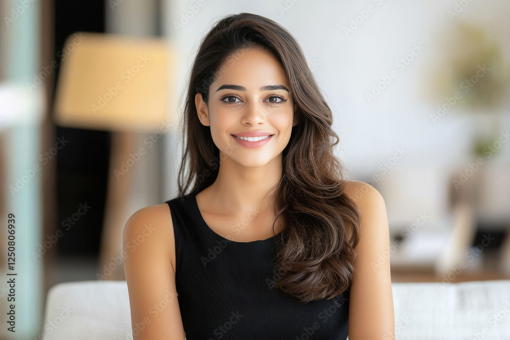 young beautiful indian woman wearing black dress standing at modern living room young beautiful indian woman wearing black dress standing at modern living room